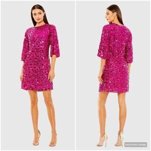 MAC DUGGAL 10032 Womens Quarter Sleeve High Neck Sequin Embellished Mini Dress